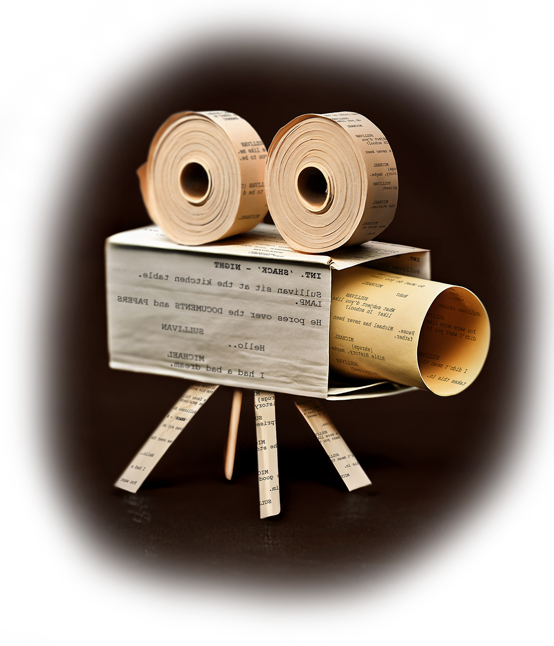 A paper sculpture of a vintage film camera made from script pages